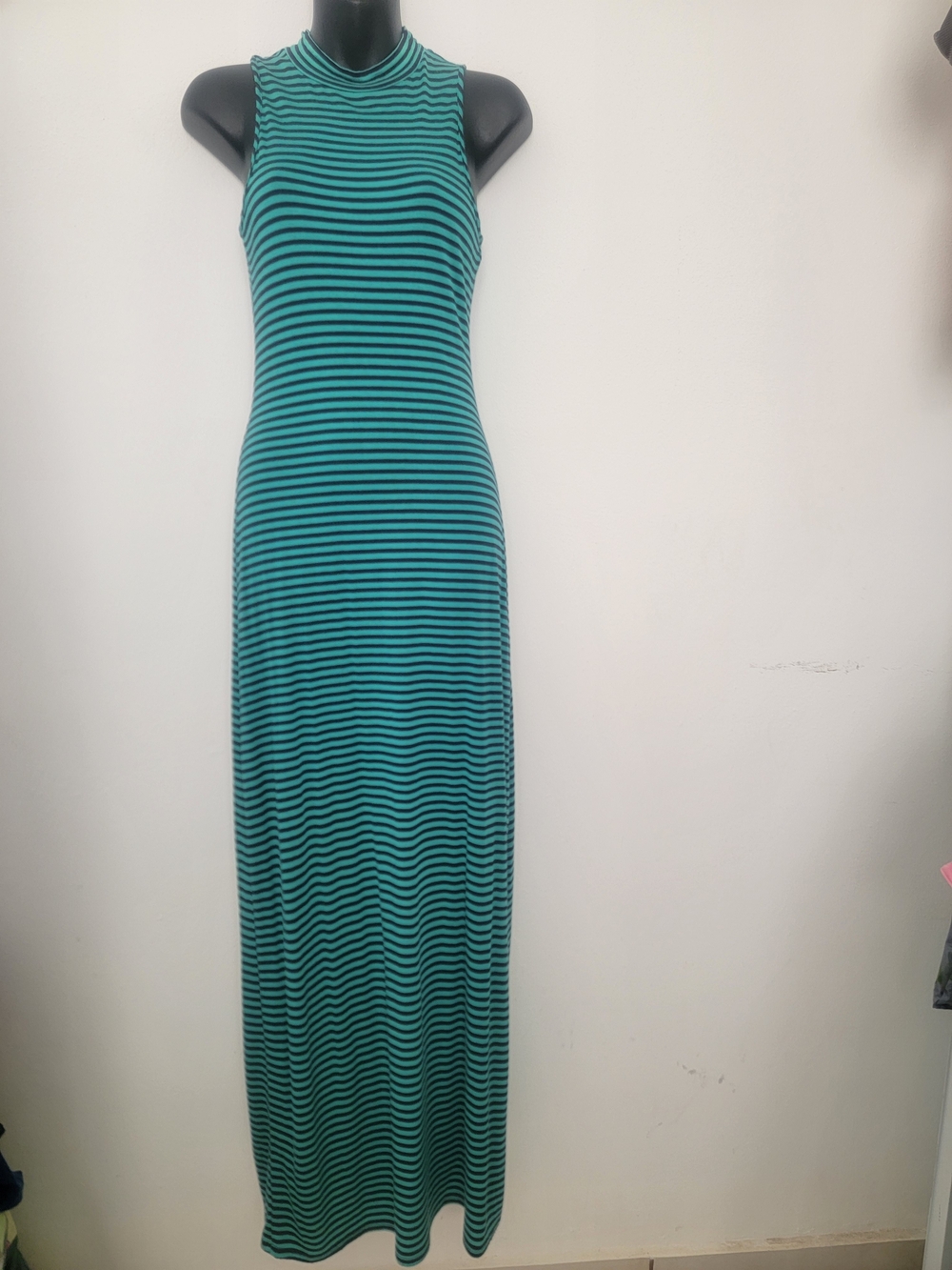 Sleeveless Teal and Black Striped Maxi Dress - Casual Chic